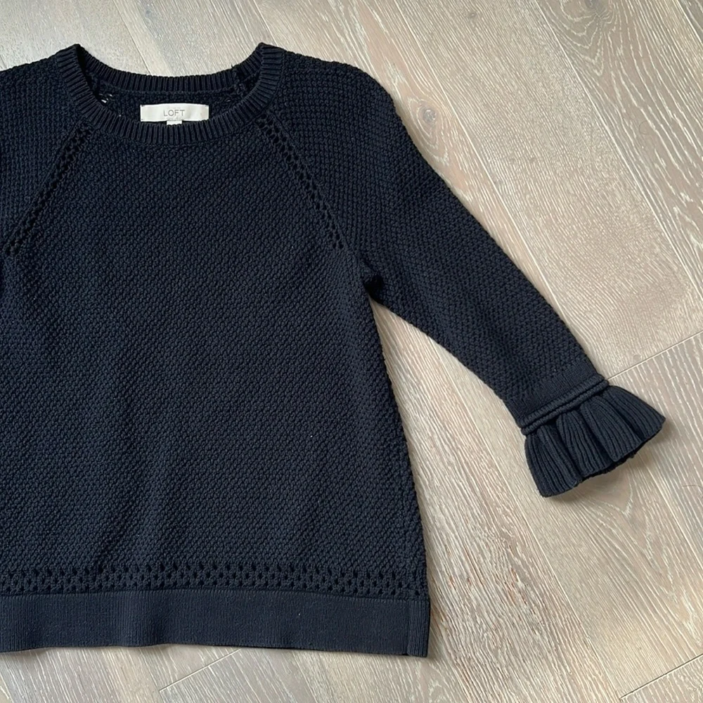 LOFT Black Knit Sweater with Ruffle Sleeves